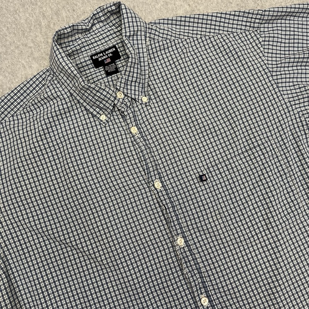 Ralph Lauren Jean Shirt Men's XL Blue Check Tablecloth Plaid Flag Logo Pocket